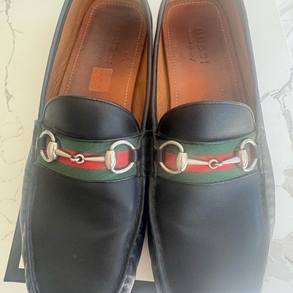 Gucci Black Leather Loafers with Red and Green Web and Silver Horsebit main image 4